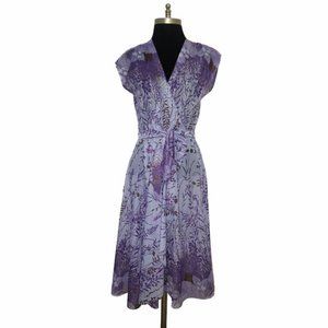 Vtg 70s Sheer Floral Vine Print Surplice Dress 10